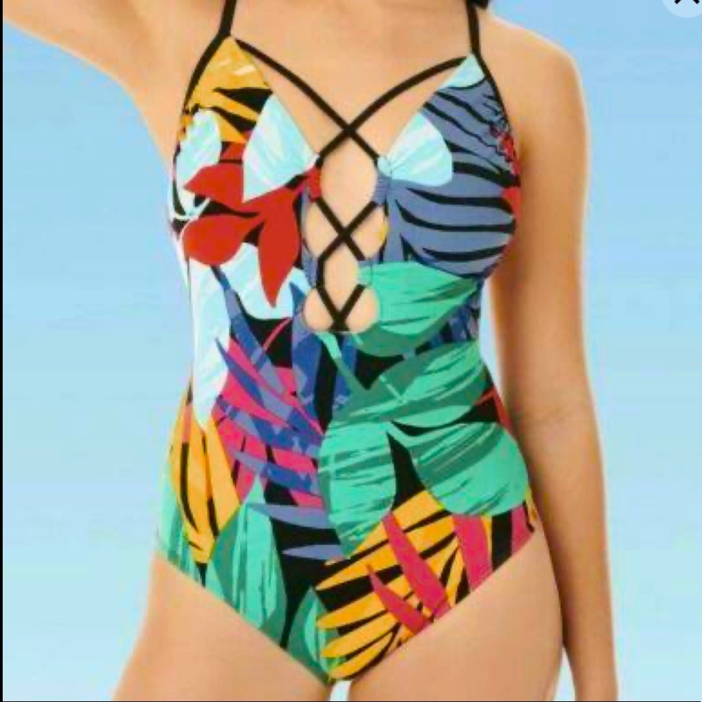 🔥 SALE BEACH BETTY Slimming Control Green Orange Tropical One Piece Swimsuit | M